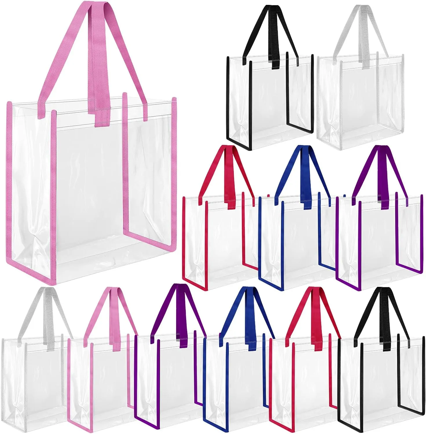 12 Pcs Bulk Stadium Approved Clear Tote Bags 12 x 12 x 6 Inch Large Clear Plastic Tote Bag with Handles for Work Sports