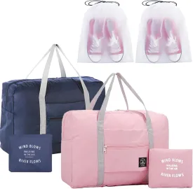 2PCS Travel Duffle Bag Tote Carry on Bag Nylon Lightweight Foldable Travel Bag Water Resistant Sports Gym Duffle Weekender Overnight Bags (Pink Blue 2Pe bag)
