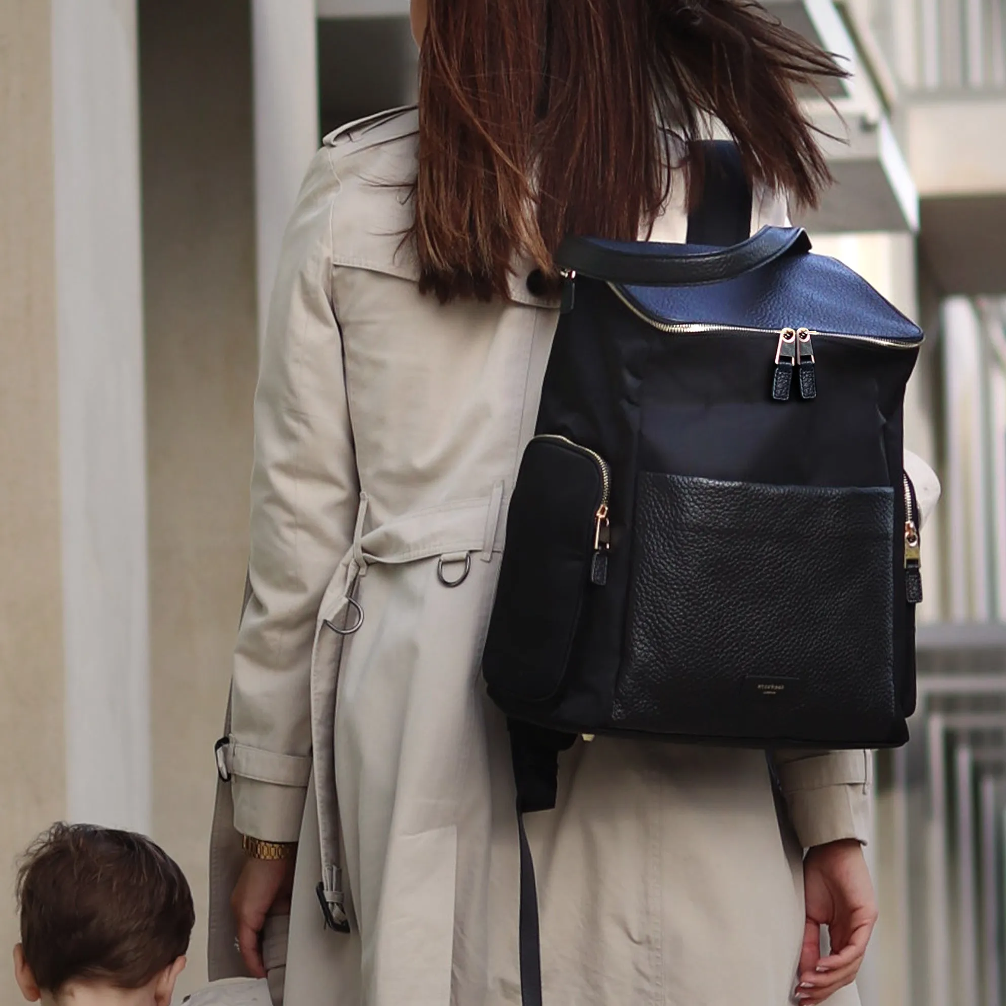 Alyssa Leather Black Nappy Bag with Gold Hardware