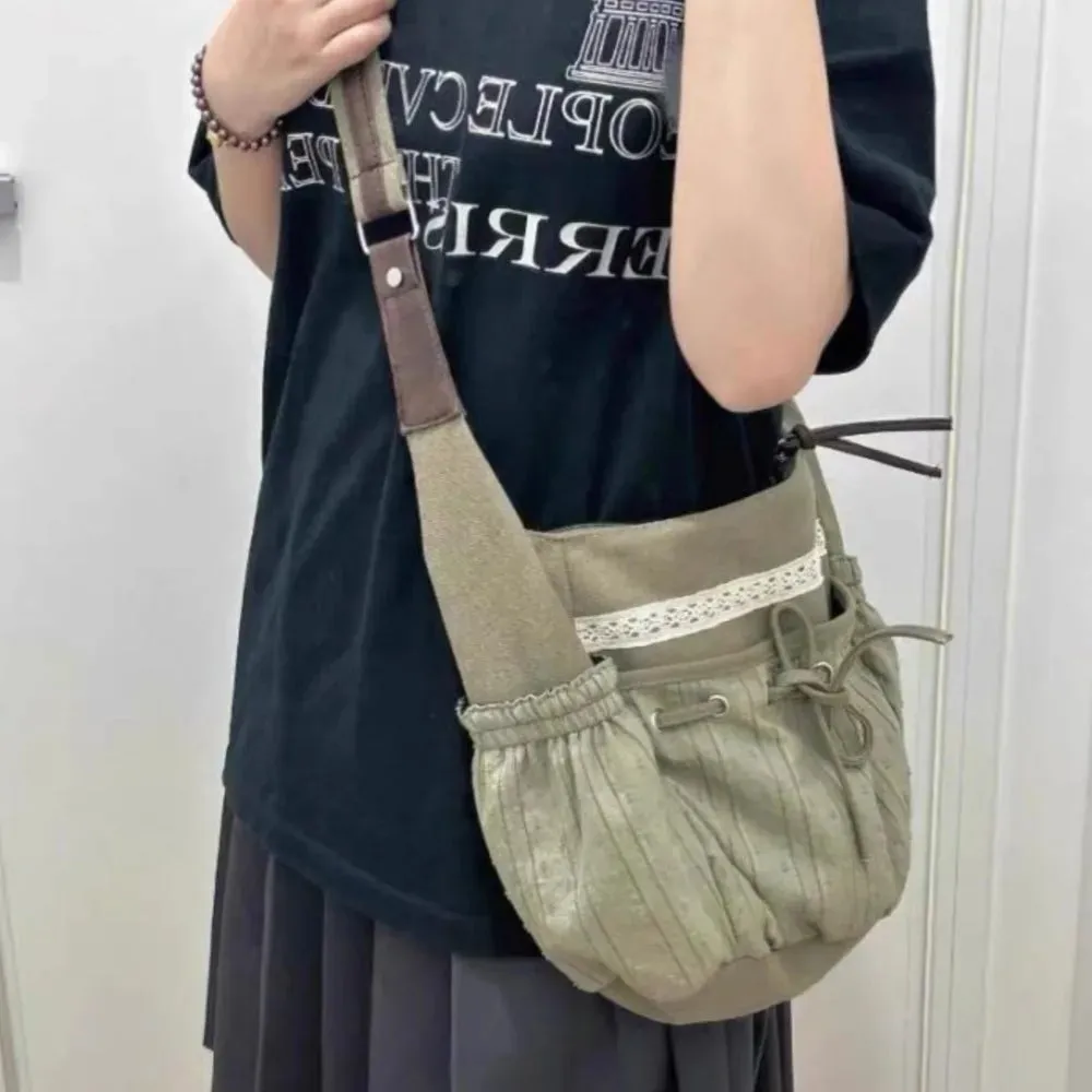 Amozae-Fall Outfits Streetwear y2k 90s Fashion Gothic  Sweet Cool Bow Canvas Shoulder Bags Women Vintage Drawstring Chic Casual Crossbody Bag Ladies Retro Messenger Bag Bolsos
