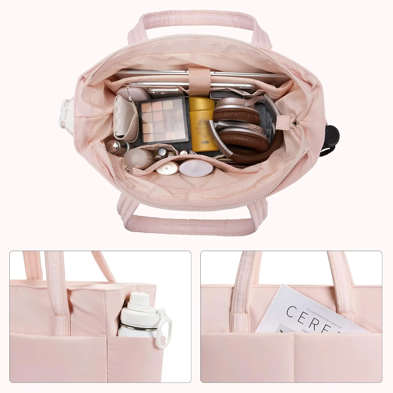 BOSTANTEN Puffer Tote Bag for Women Travel Tote Bag with Trolley Sleeve Lightweight Quilted Laptop Nurse Bag with Zipper