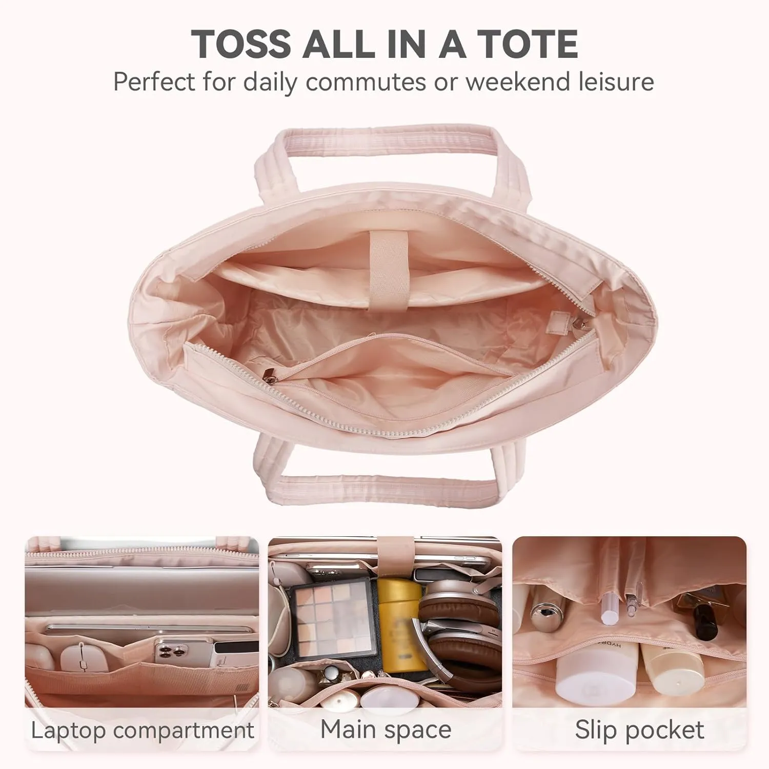 BOSTANTEN Puffer Tote Bag for Women Travel Tote Bag with Trolley Sleeve Lightweight Quilted Laptop Nurse Bag with Zipper