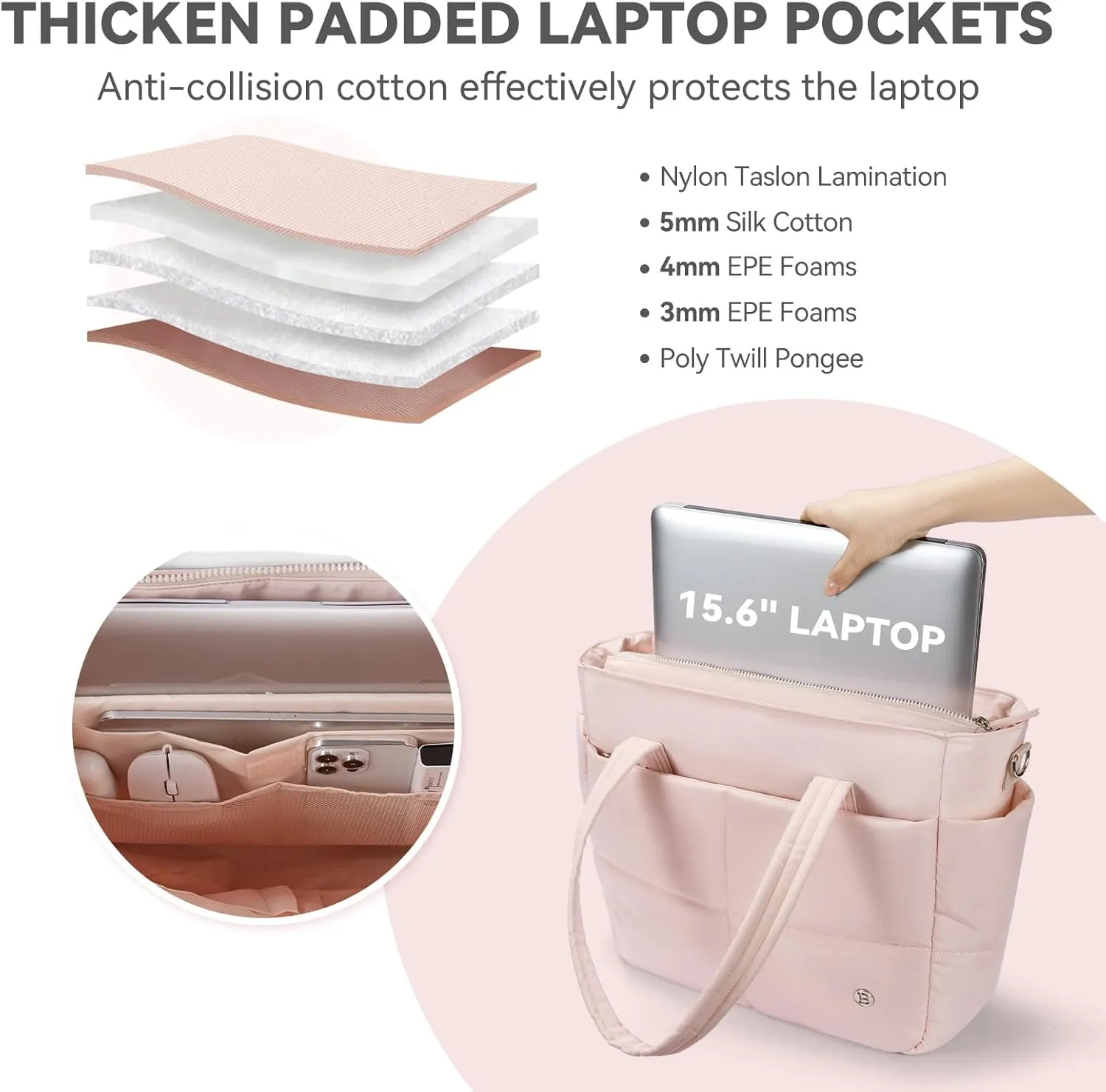 BOSTANTEN Puffer Tote Bag for Women Travel Tote Bag with Trolley Sleeve Lightweight Quilted Laptop Nurse Bag with Zipper