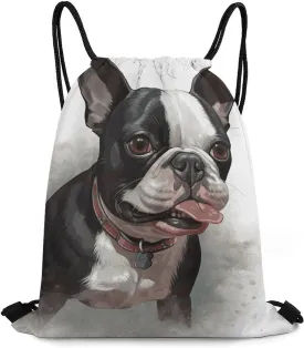 Boston Terrier Drawstring Bag for Women Men Sports Gym Bag Lightweight Waterproof String Bag Cinch Bag