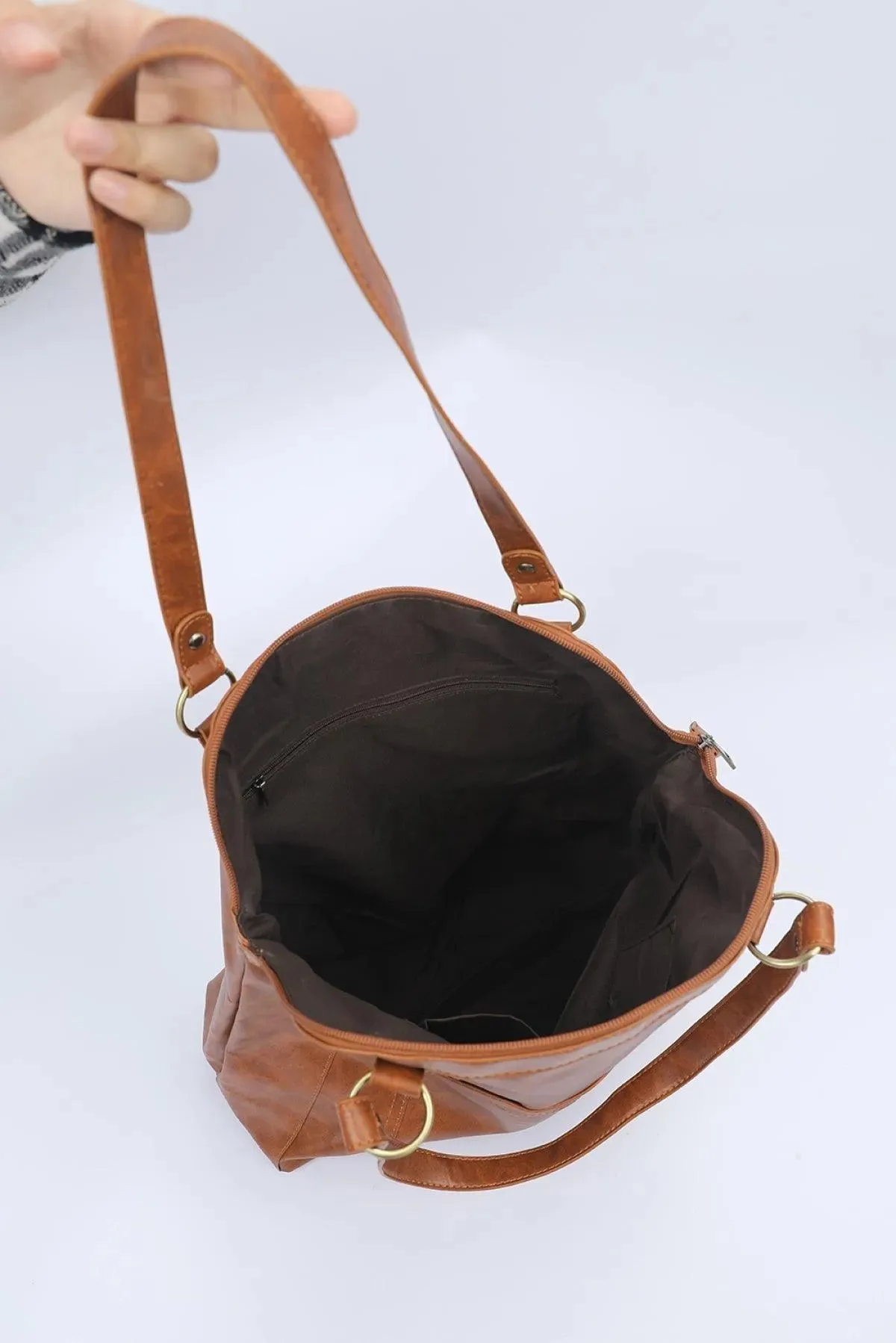 Brown PU Leather Patchwork Zipped Large Capacity Tote Bag