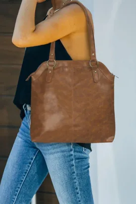 Brown PU Leather Patchwork Zipped Large Capacity Tote Bag