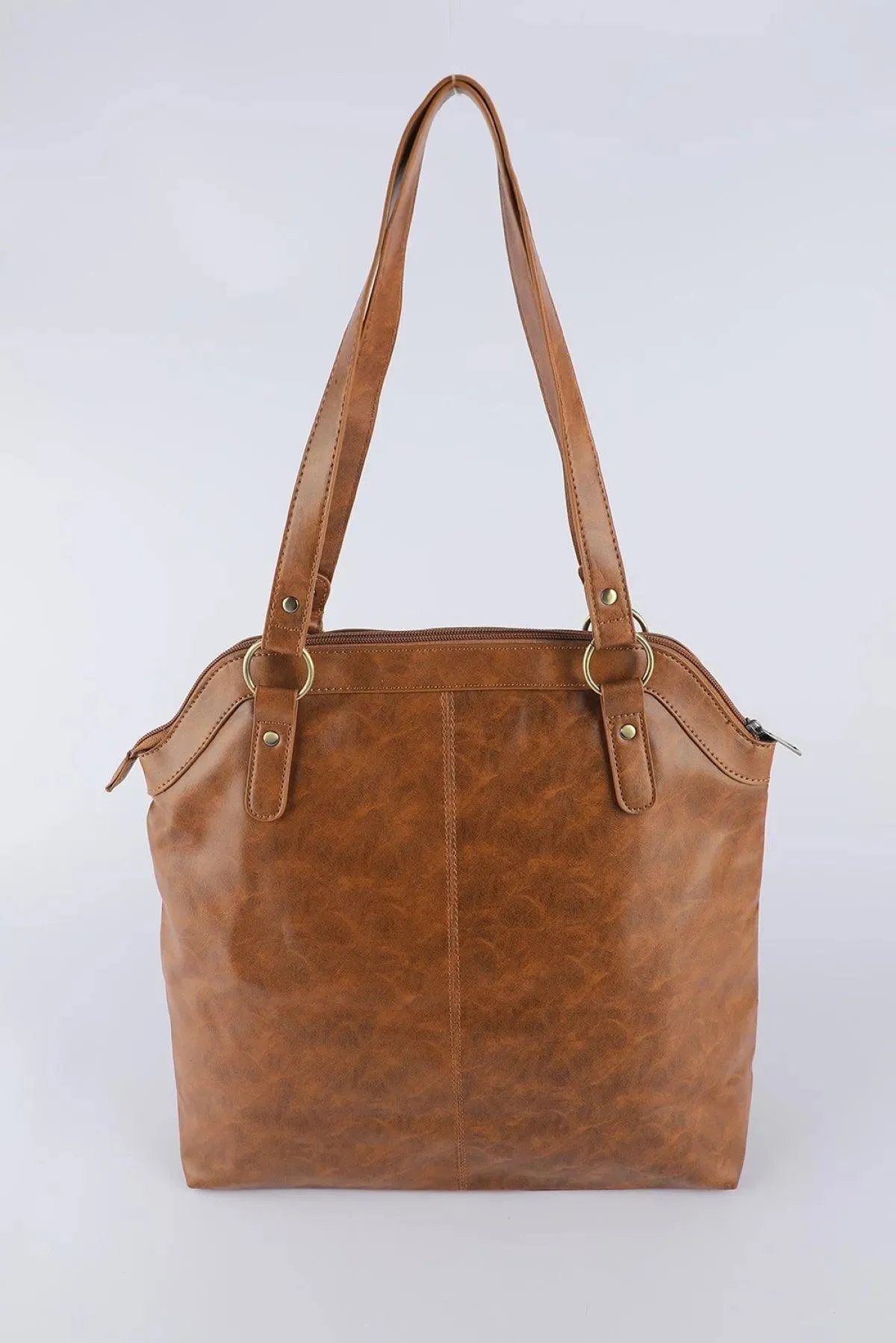 Brown PU Leather Patchwork Zipped Large Capacity Tote Bag