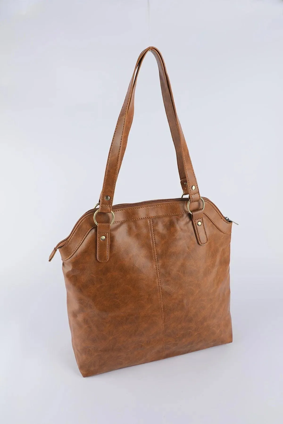 Brown PU Leather Patchwork Zipped Large Capacity Tote Bag