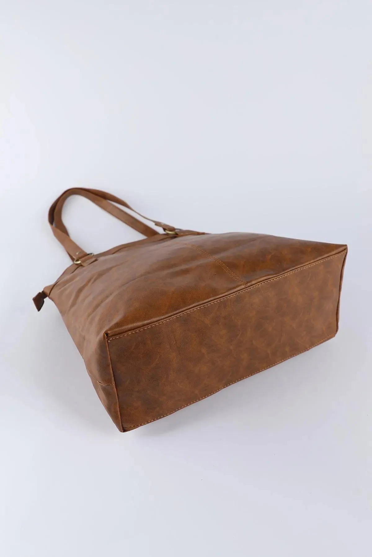 Brown PU Leather Patchwork Zipped Large Capacity Tote Bag