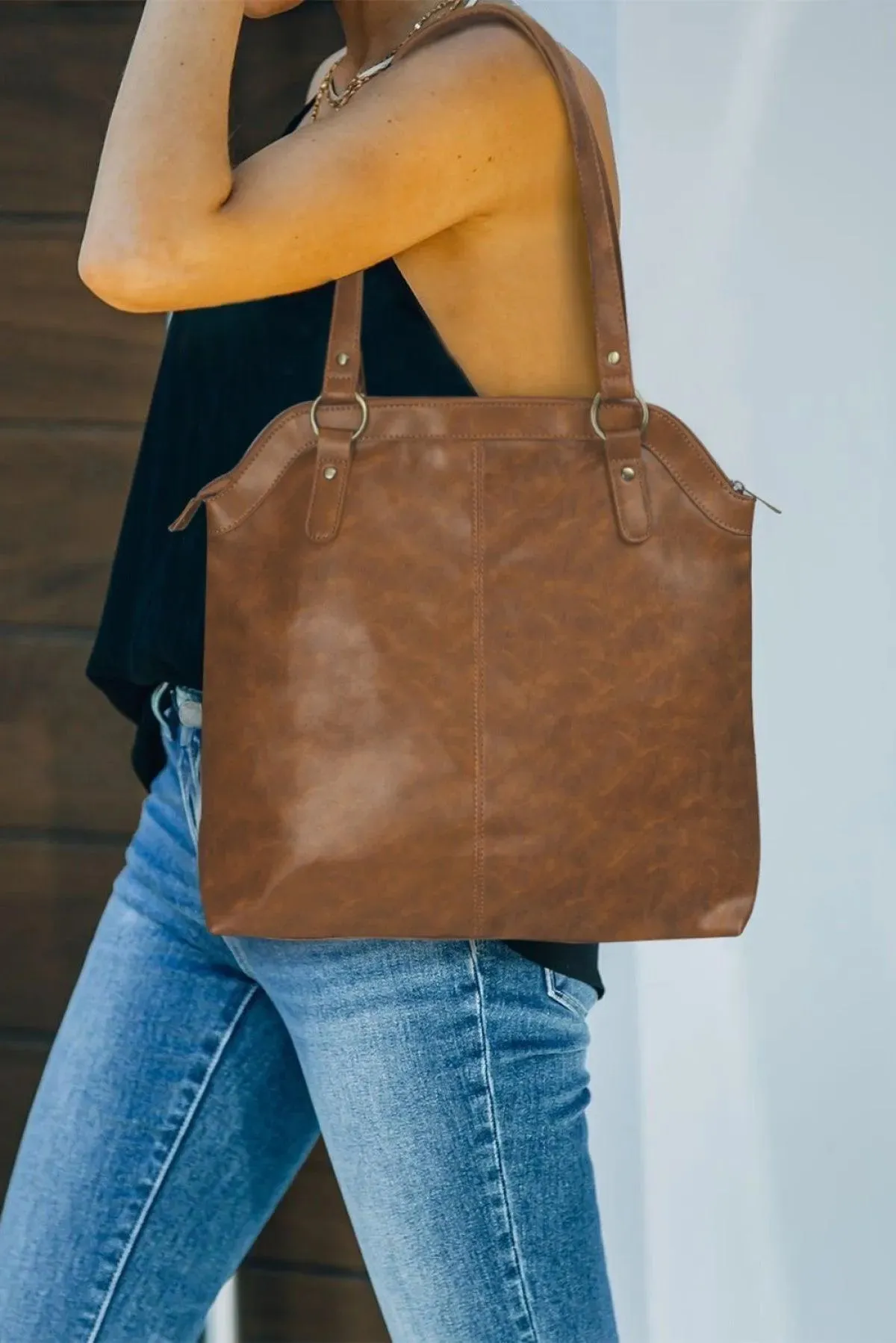 Brown PU Leather Patchwork Zipped Large Capacity Tote Bag