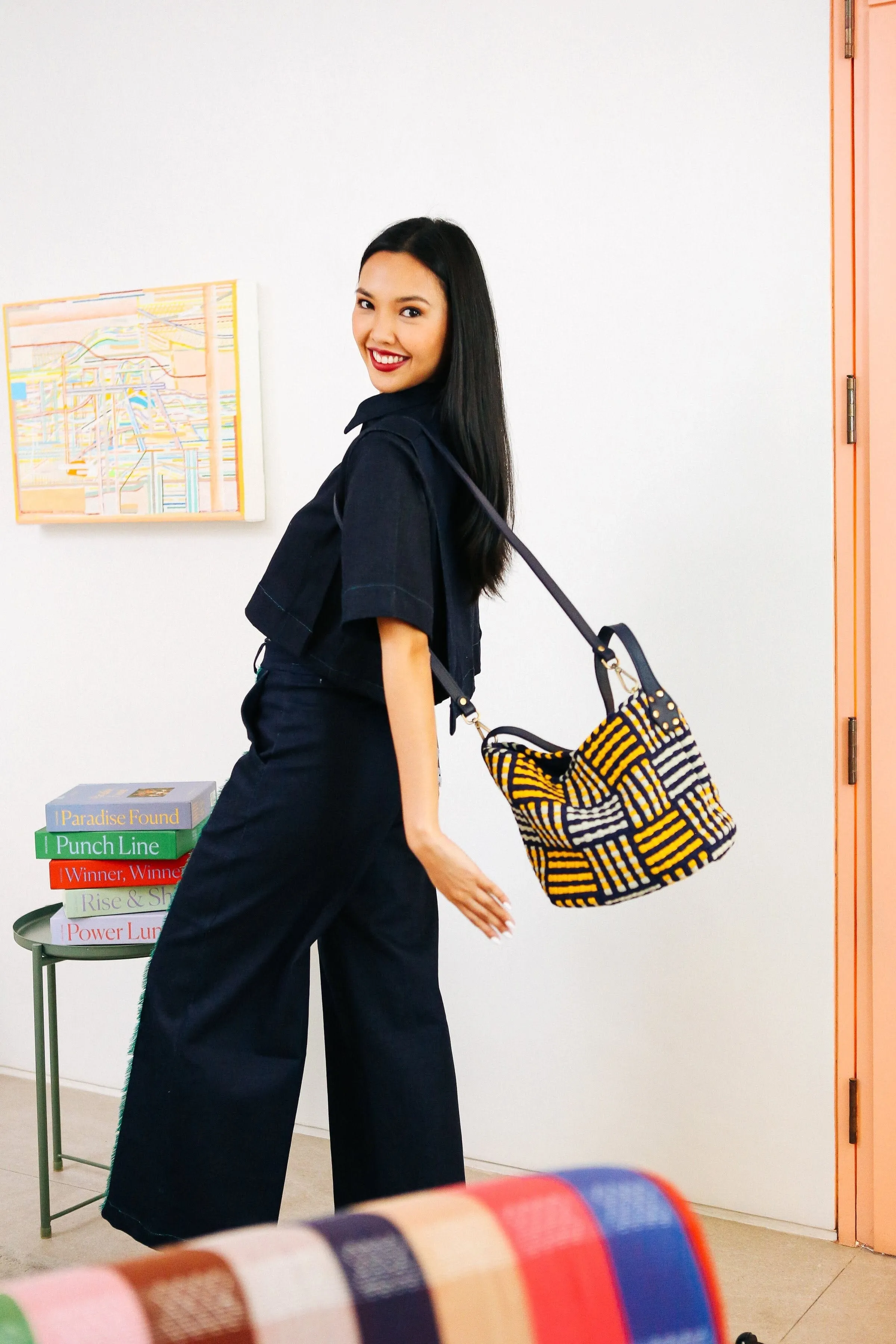 Buslo Mini Mat Pattern Navy & Yellow with Longer Handle