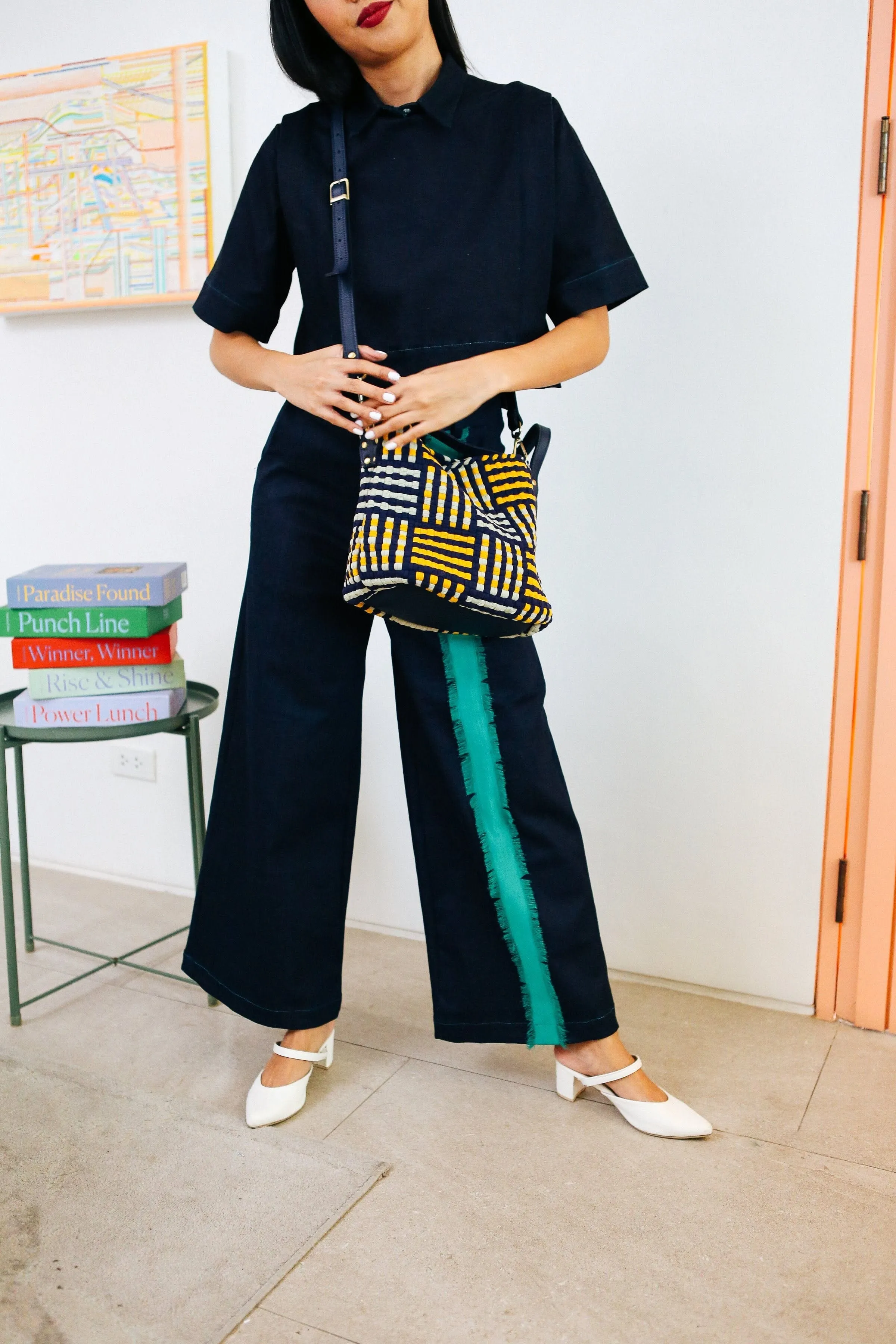 Buslo Mini Mat Pattern Navy & Yellow with Longer Handle