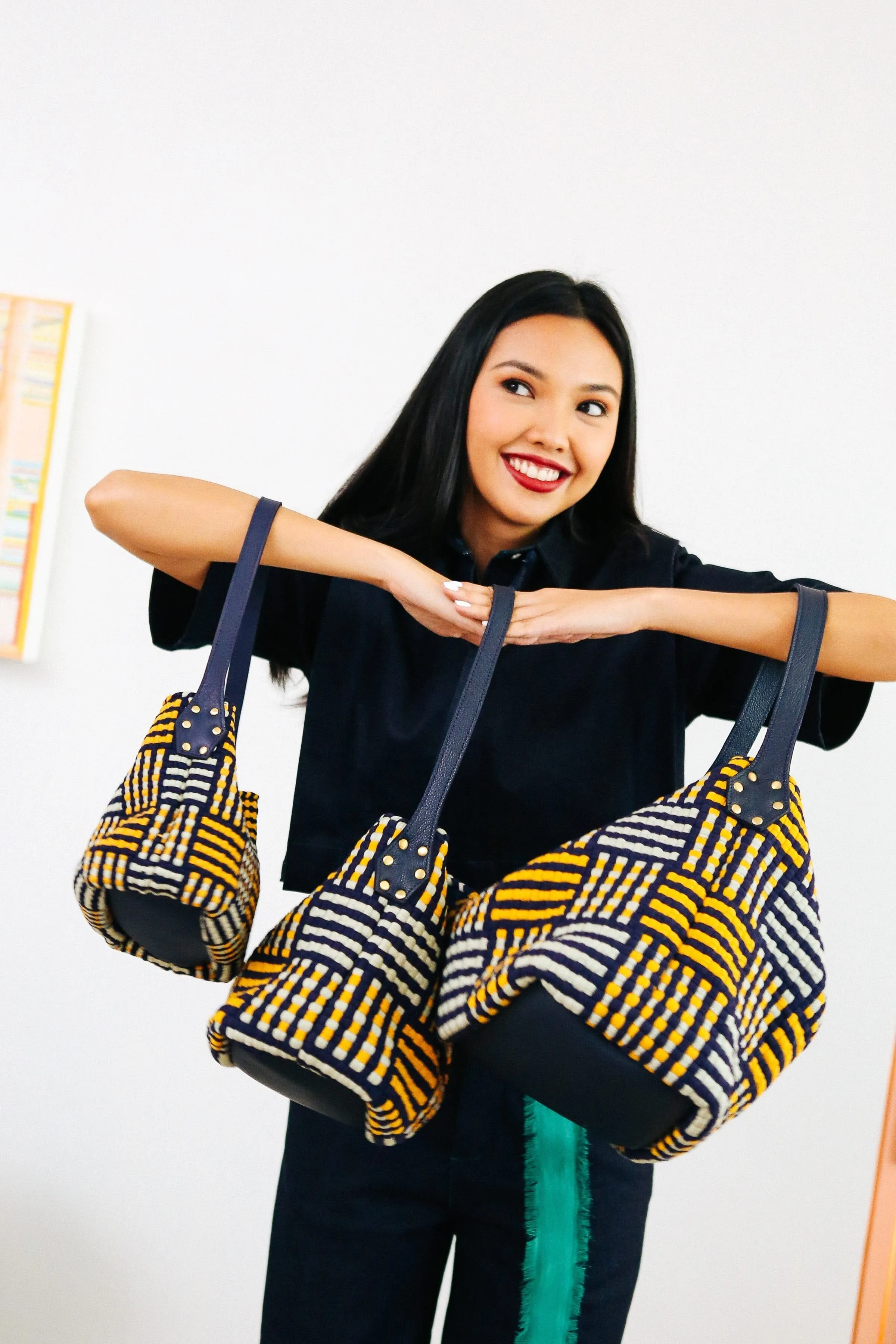 Buslo Mini Mat Pattern Navy & Yellow with Longer Handle