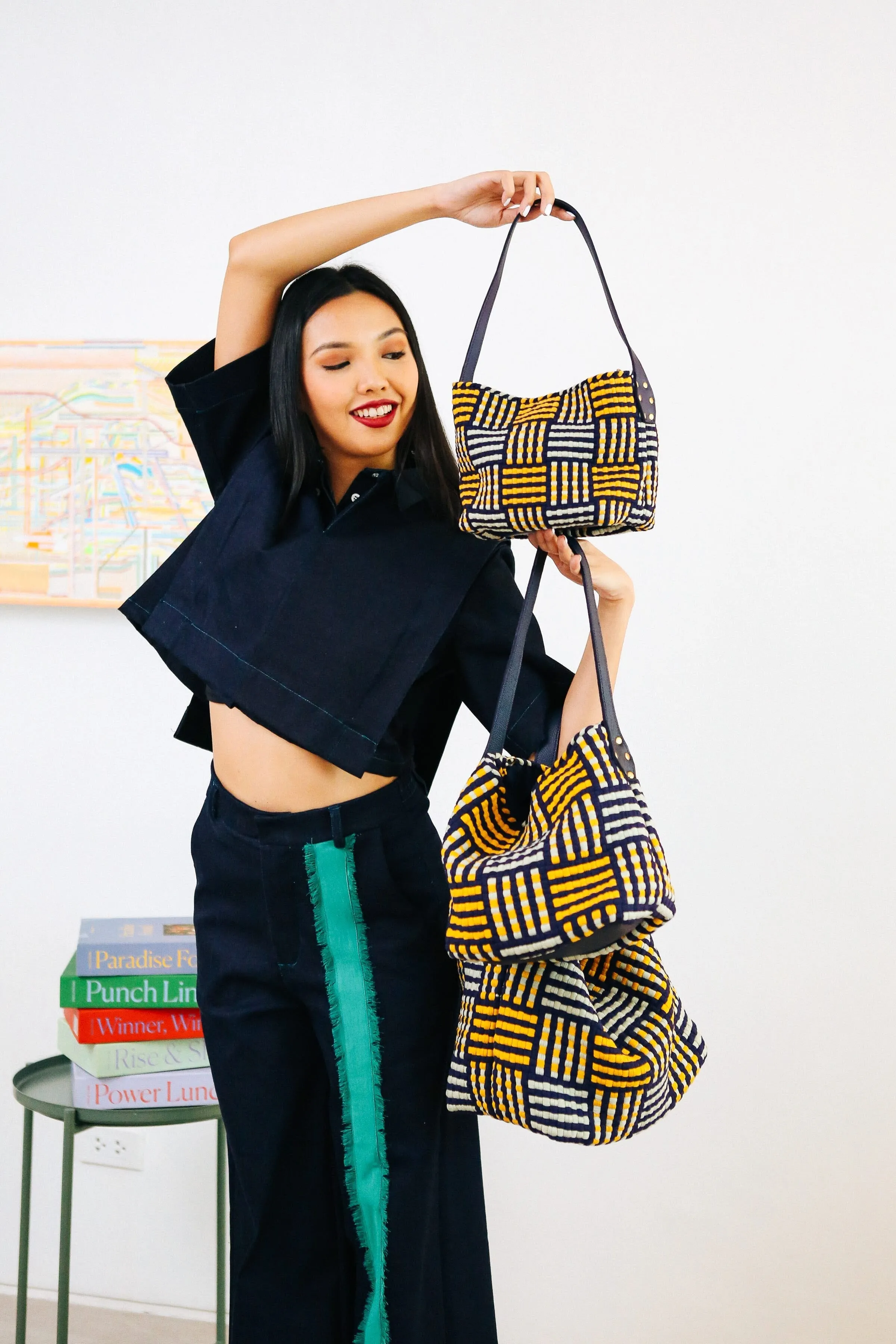 Buslo Mini Mat Pattern Navy & Yellow with Longer Handle