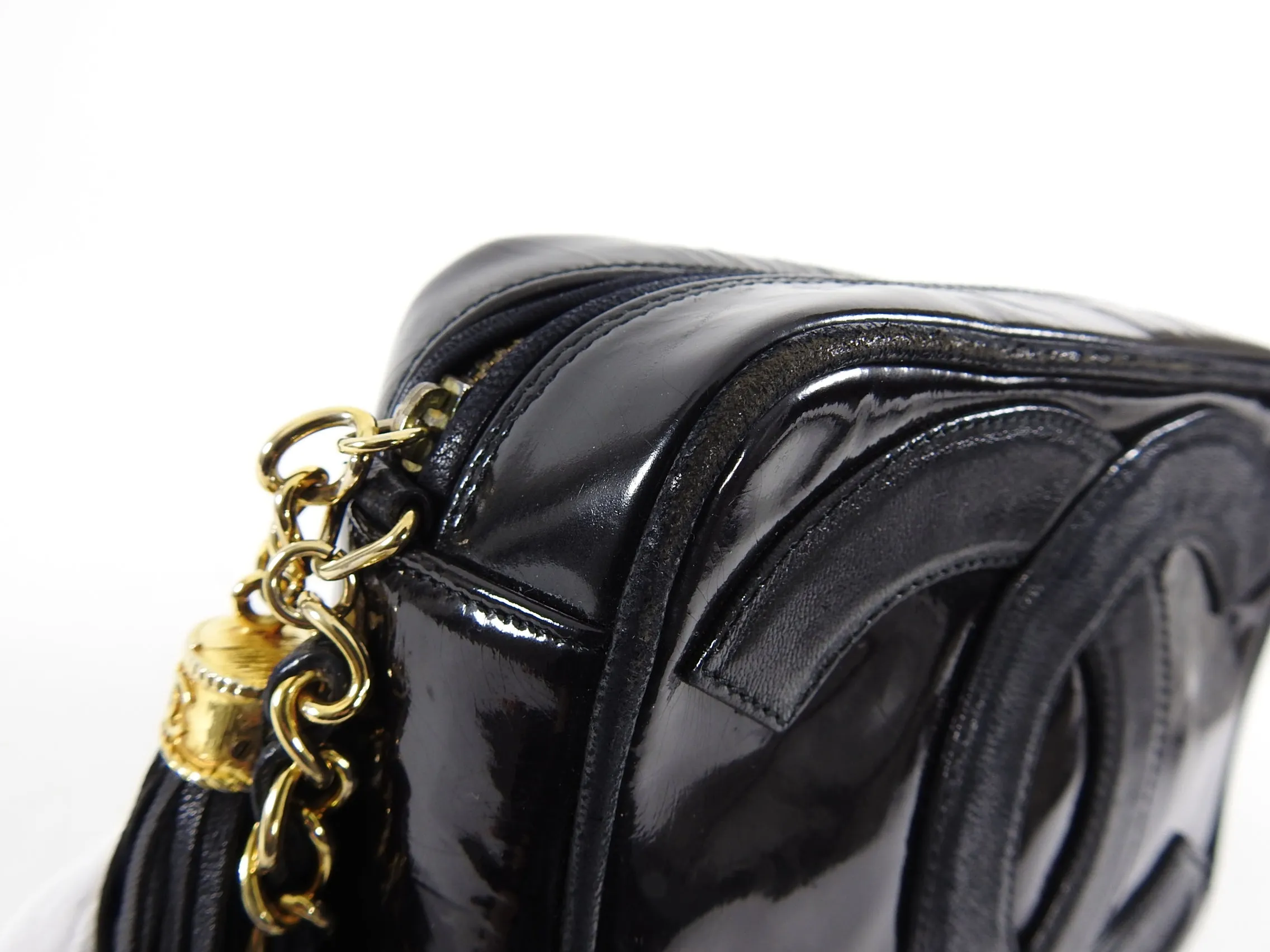 Chanel Vintage 1986 Mini Black Patent CC Logo Camera Bag