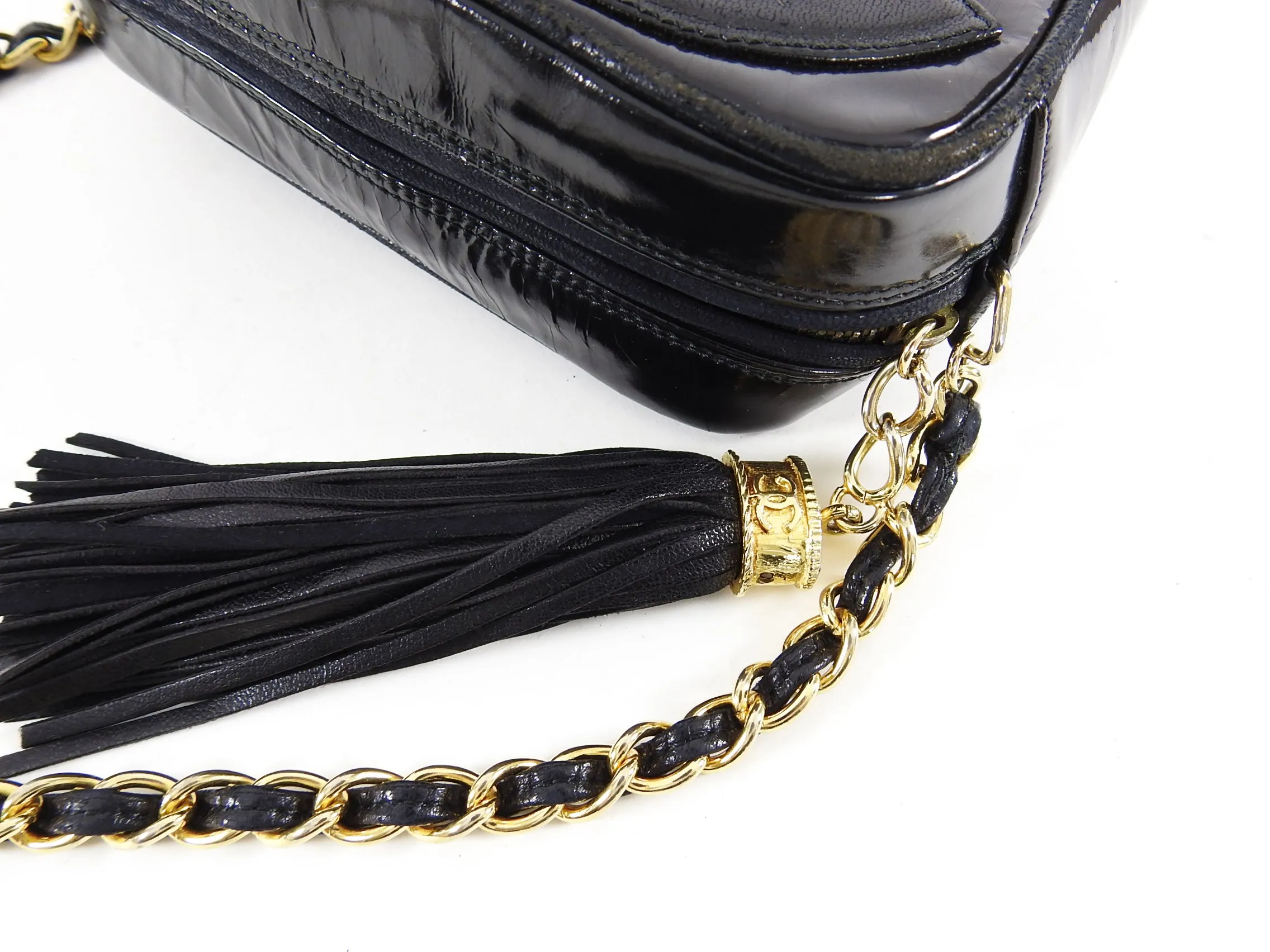 Chanel Vintage 1986 Mini Black Patent CC Logo Camera Bag