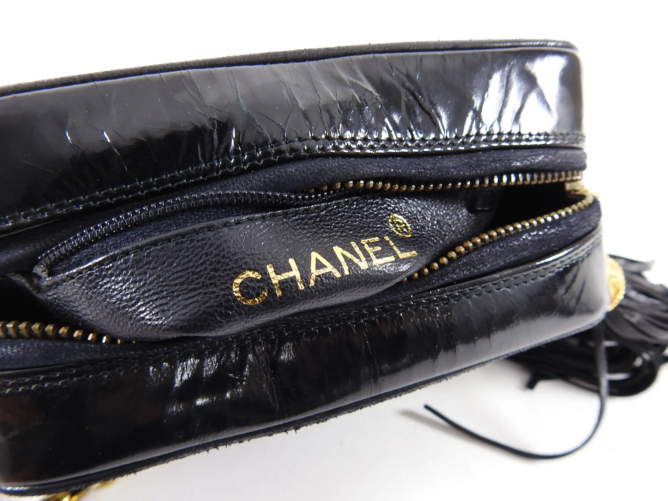 Chanel Vintage 1986 Mini Black Patent CC Logo Camera Bag
