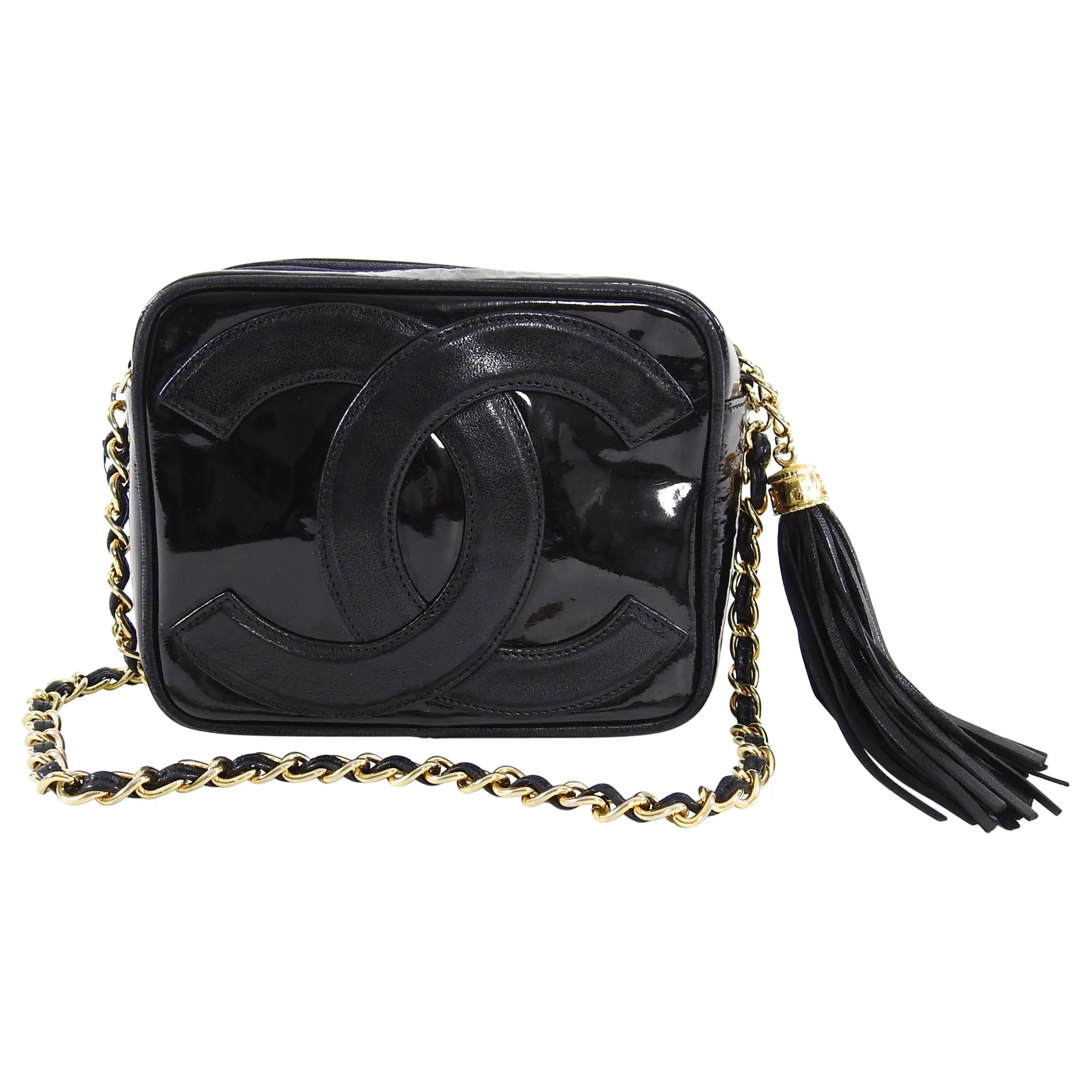 Chanel Vintage 1986 Mini Black Patent CC Logo Camera Bag