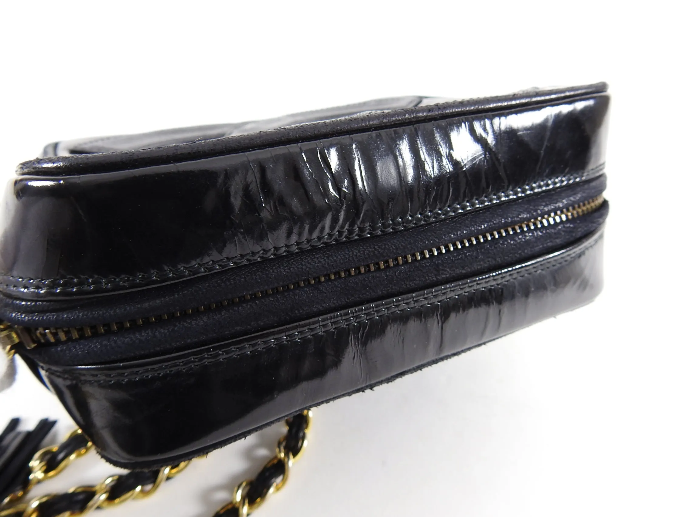 Chanel Vintage 1986 Mini Black Patent CC Logo Camera Bag