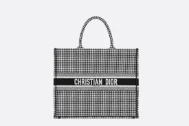 Christian Dior Book Tote Black and White Houndstooth Embroidery