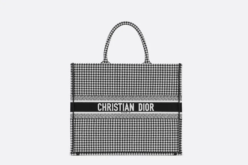 Christian Dior Book Tote Black and White Houndstooth Embroidery