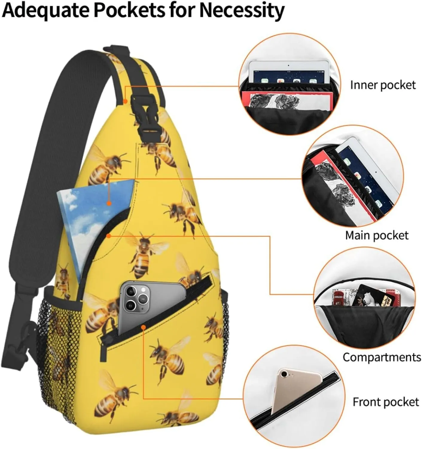 Crossbody Bags For Women Men Bees Yellow Sling Backpack Chest Shoulder Bag Gym Cycling Travel Hiking Daypack