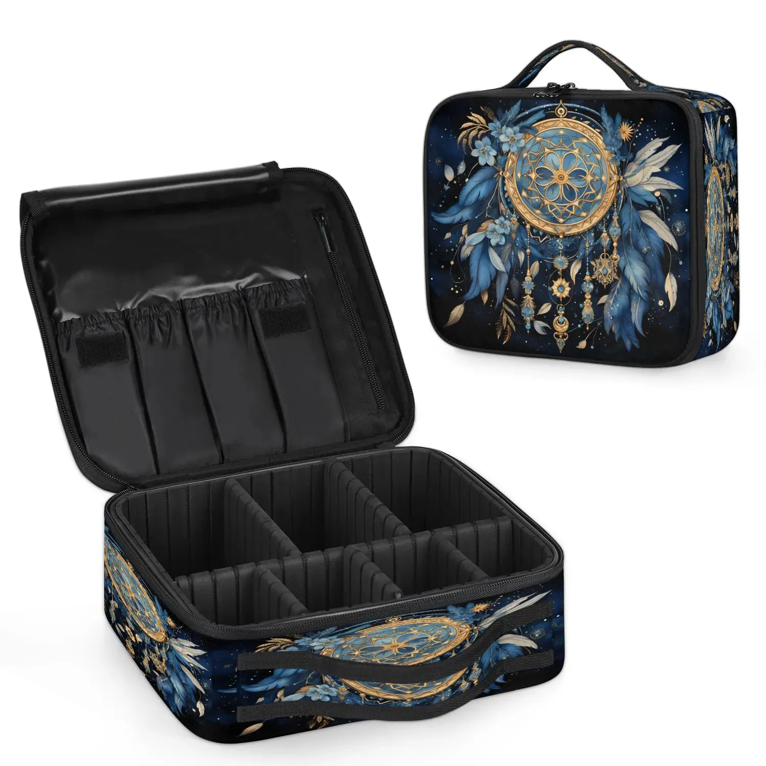 CURLYOOT Dream Net Catcher Boho Travel Makeup Train Case Cosmetic Bag Organizer Portable Storage Bag with Adjustable Dividers for Cosmetics Makeup Brushes Toiletry Jewelry
