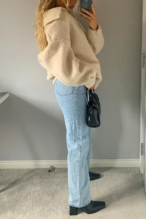Fluffy Fleece High Collar Zipper Hoodie