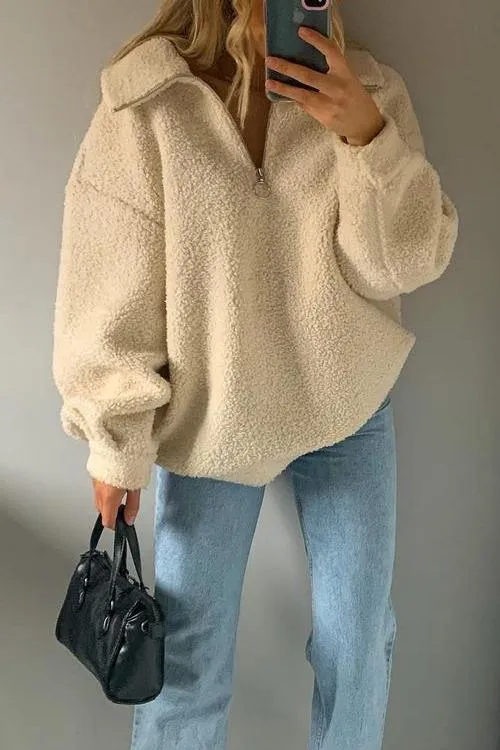 Fluffy Fleece High Collar Zipper Hoodie