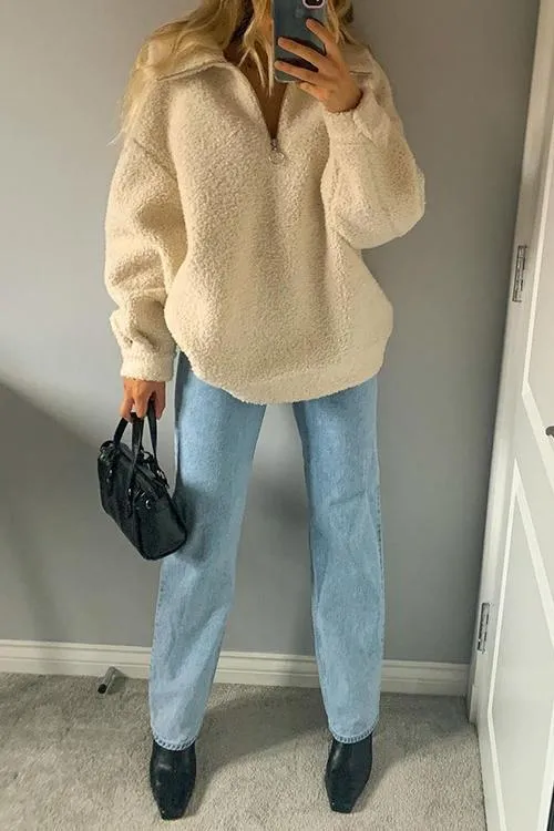 Fluffy Fleece High Collar Zipper Hoodie