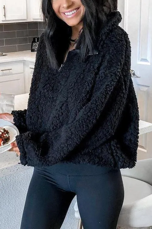 Fluffy Fleece High Collar Zipper Hoodie