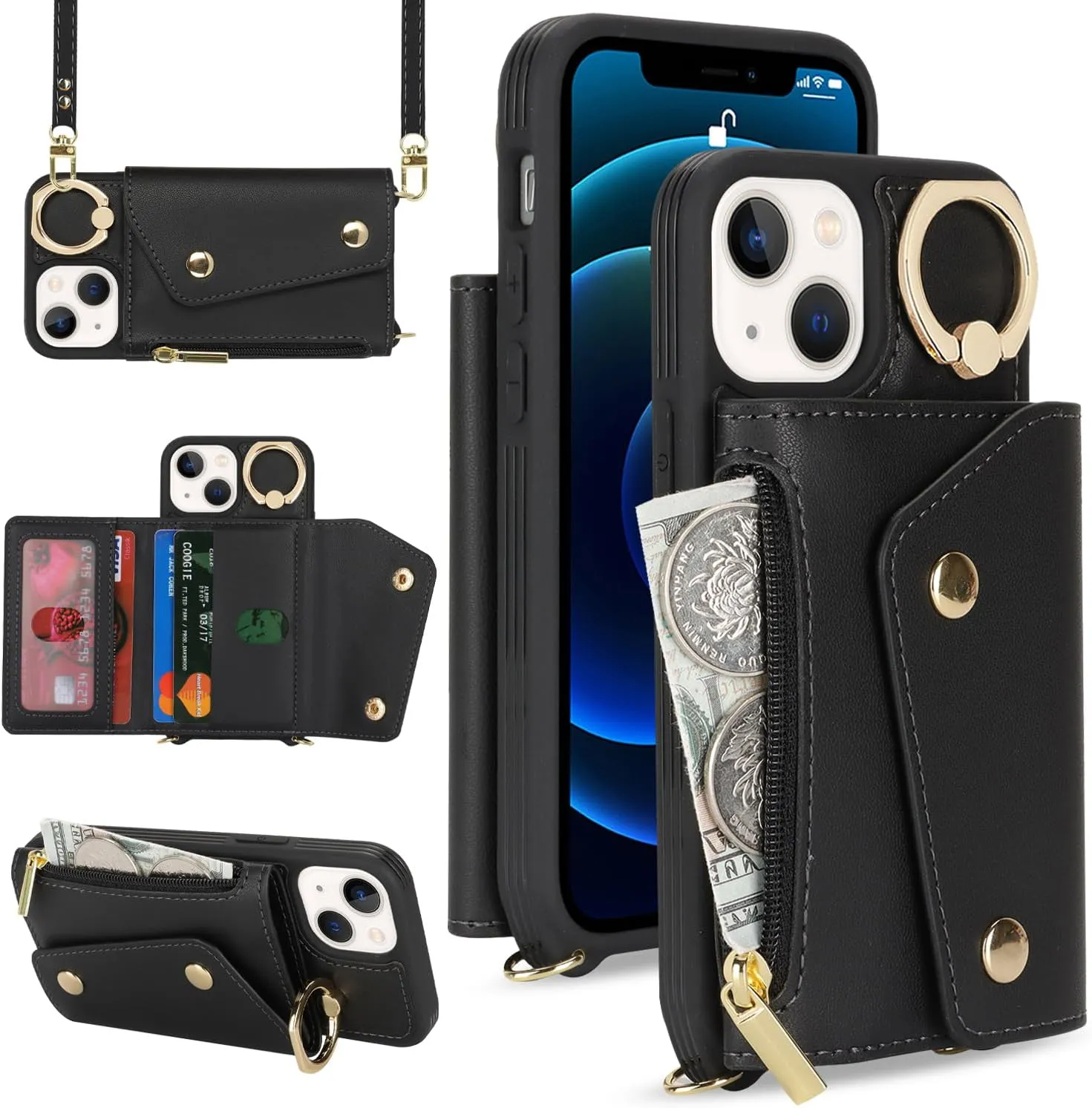 for iPhone 13 Mini Case with Card Holder and Strap - Zipper Pocket,Crossbody Lanyard Strap,Credit Card Holder,Stand Ring,Cute Phone Wallet Case for Women(Black,5.4 Inch)
