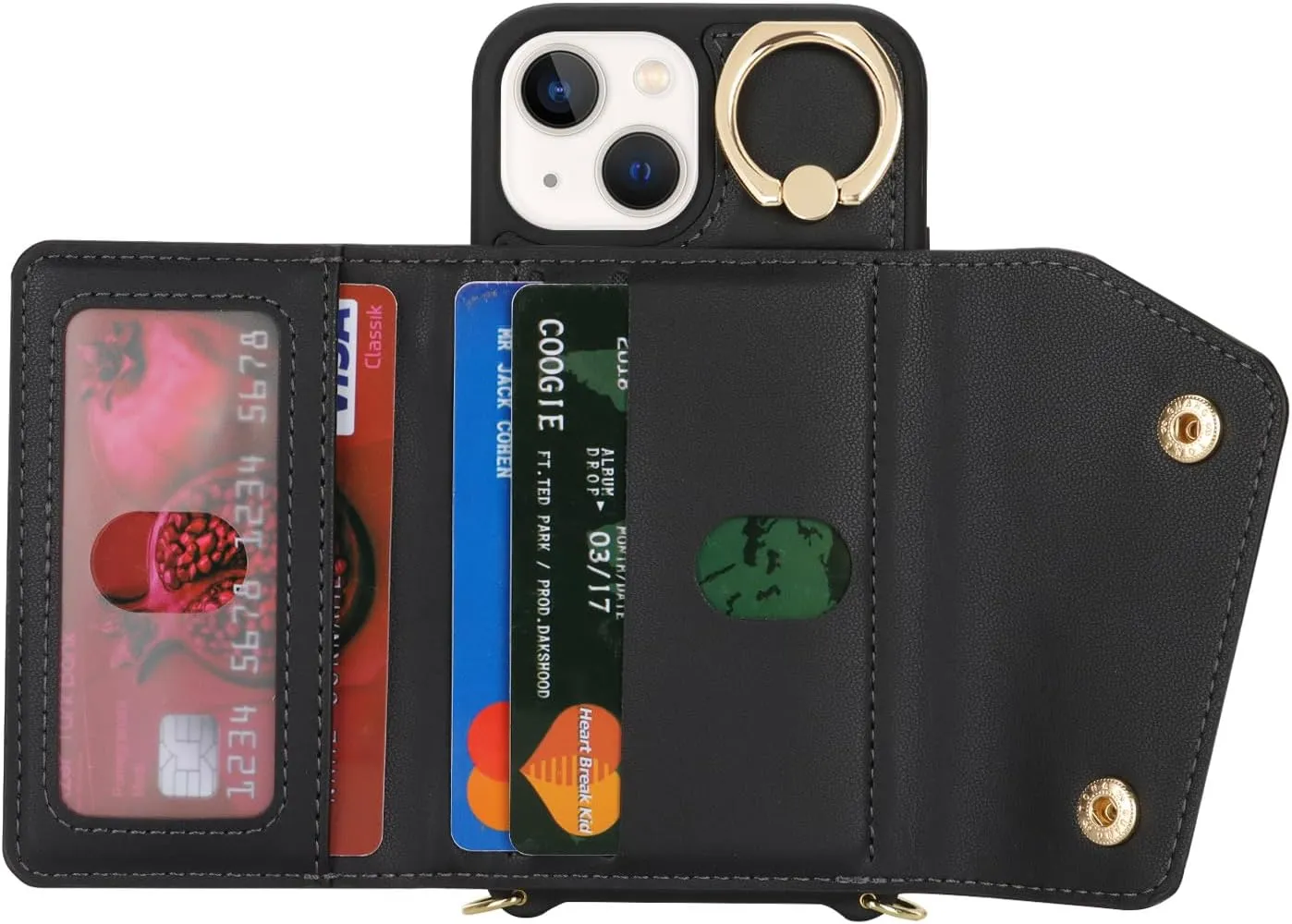 for iPhone 13 Mini Case with Card Holder and Strap - Zipper Pocket,Crossbody Lanyard Strap,Credit Card Holder,Stand Ring,Cute Phone Wallet Case for Women(Black,5.4 Inch)