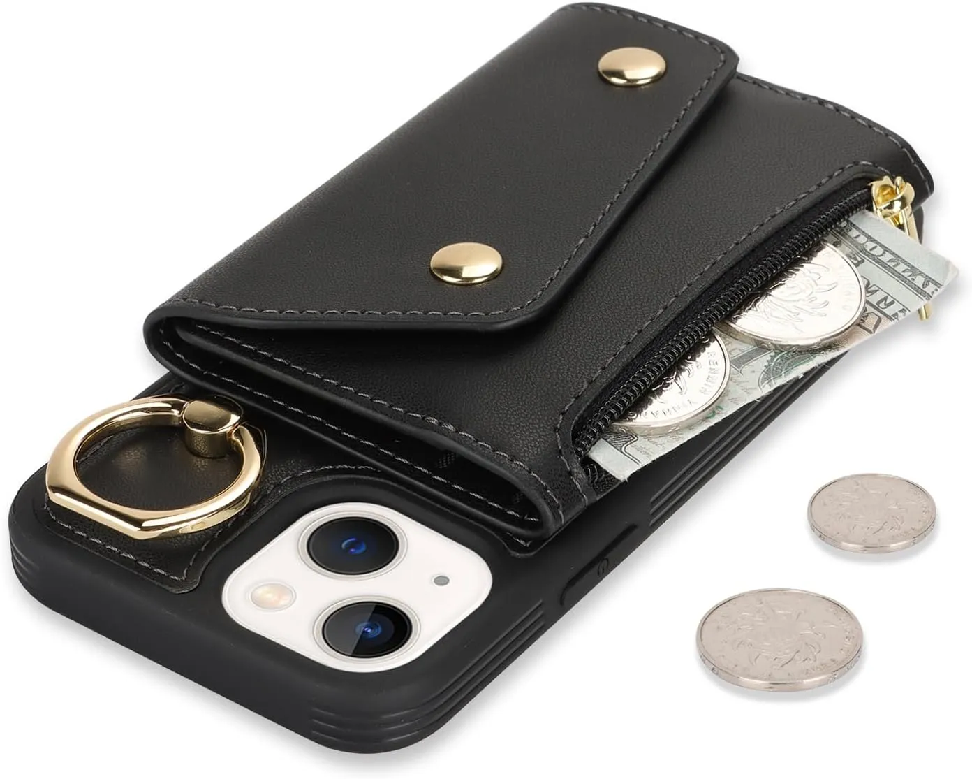 for iPhone 13 Mini Case with Card Holder and Strap - Zipper Pocket,Crossbody Lanyard Strap,Credit Card Holder,Stand Ring,Cute Phone Wallet Case for Women(Black,5.4 Inch)