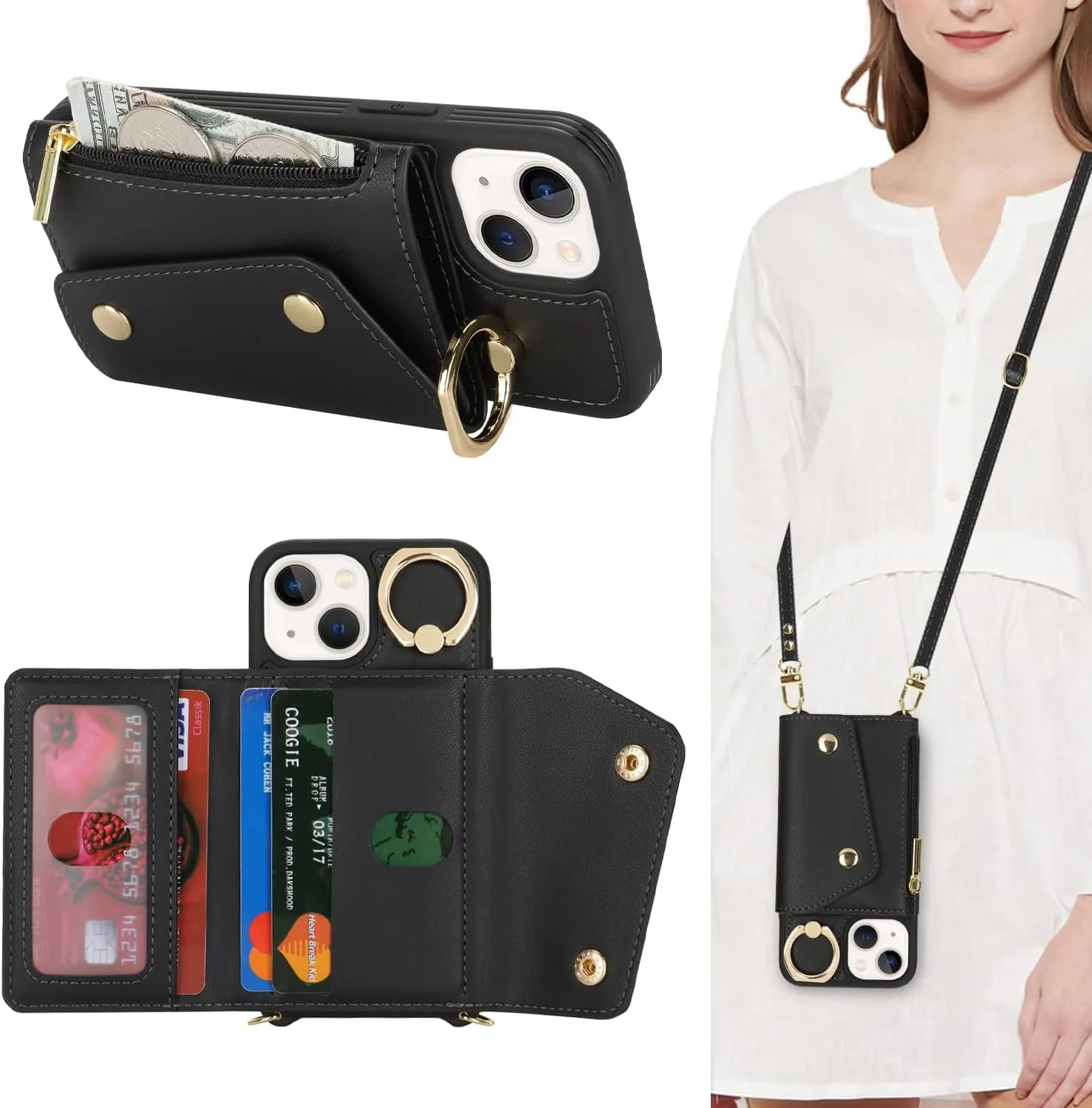 for iPhone 13 Mini Case with Card Holder and Strap - Zipper Pocket,Crossbody Lanyard Strap,Credit Card Holder,Stand Ring,Cute Phone Wallet Case for Women(Black,5.4 Inch)