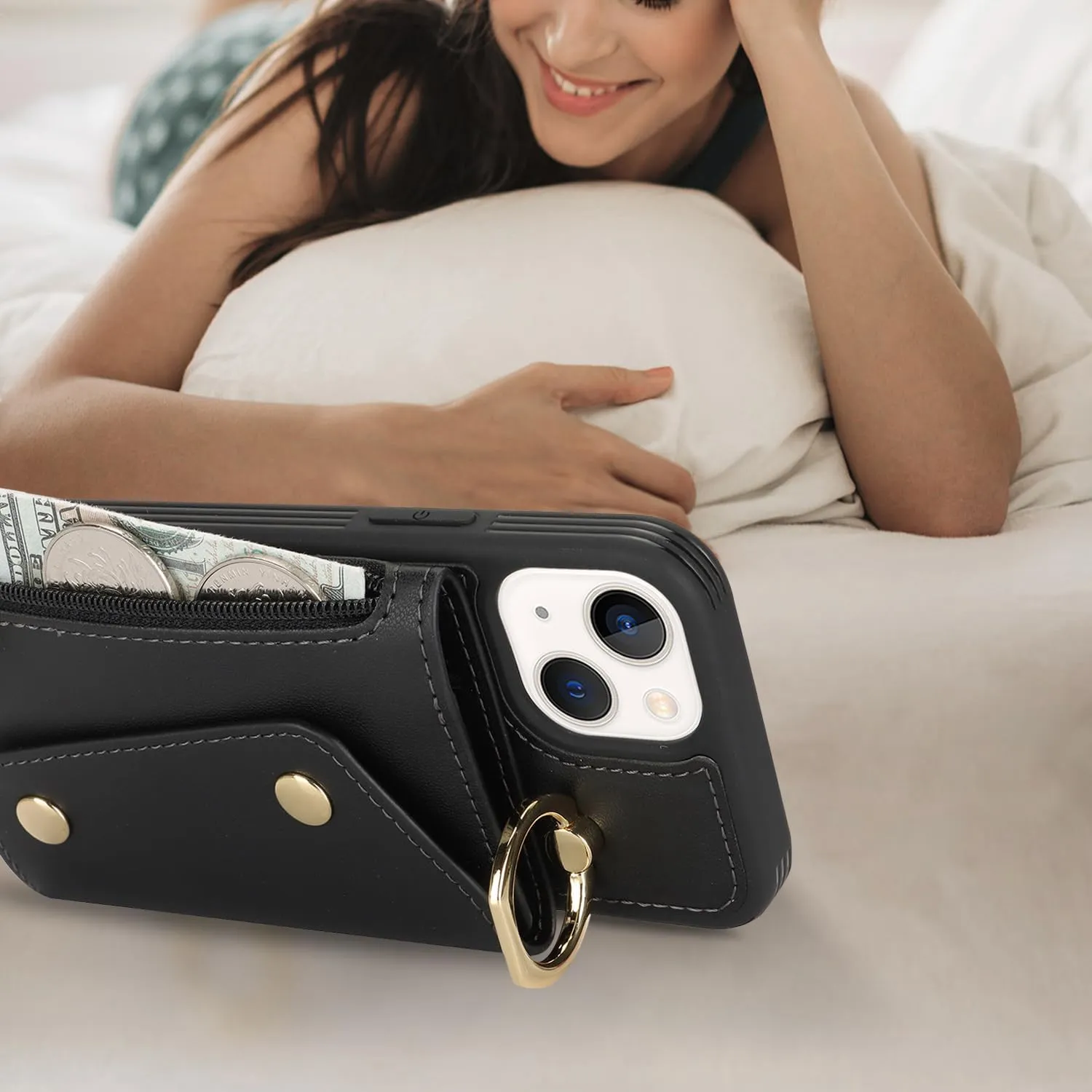 for iPhone 13 Mini Case with Card Holder and Strap - Zipper Pocket,Crossbody Lanyard Strap,Credit Card Holder,Stand Ring,Cute Phone Wallet Case for Women(Black,5.4 Inch)