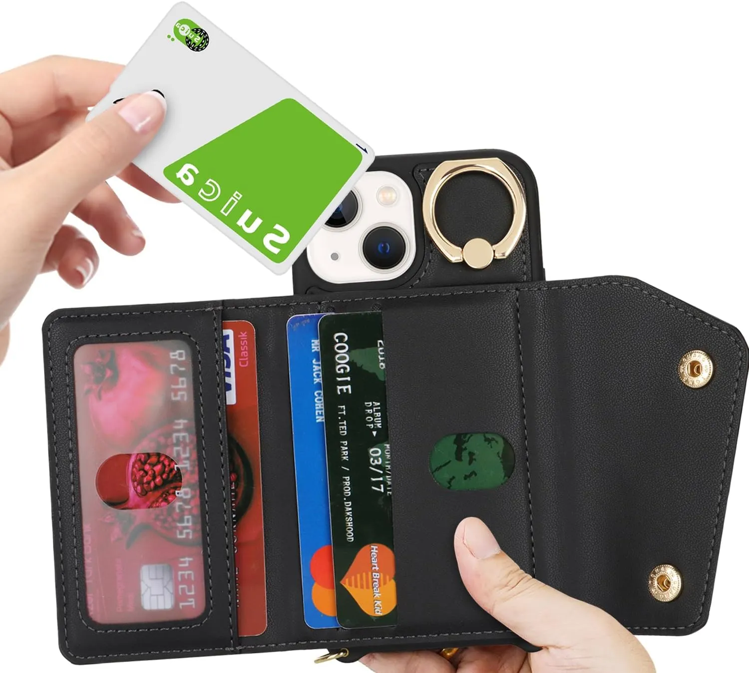 for iPhone 13 Mini Case with Card Holder and Strap - Zipper Pocket,Crossbody Lanyard Strap,Credit Card Holder,Stand Ring,Cute Phone Wallet Case for Women(Black,5.4 Inch)