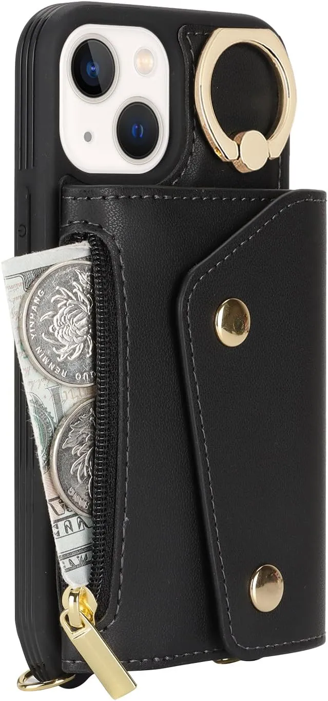 for iPhone 13 Mini Case with Card Holder and Strap - Zipper Pocket,Crossbody Lanyard Strap,Credit Card Holder,Stand Ring,Cute Phone Wallet Case for Women(Black,5.4 Inch)