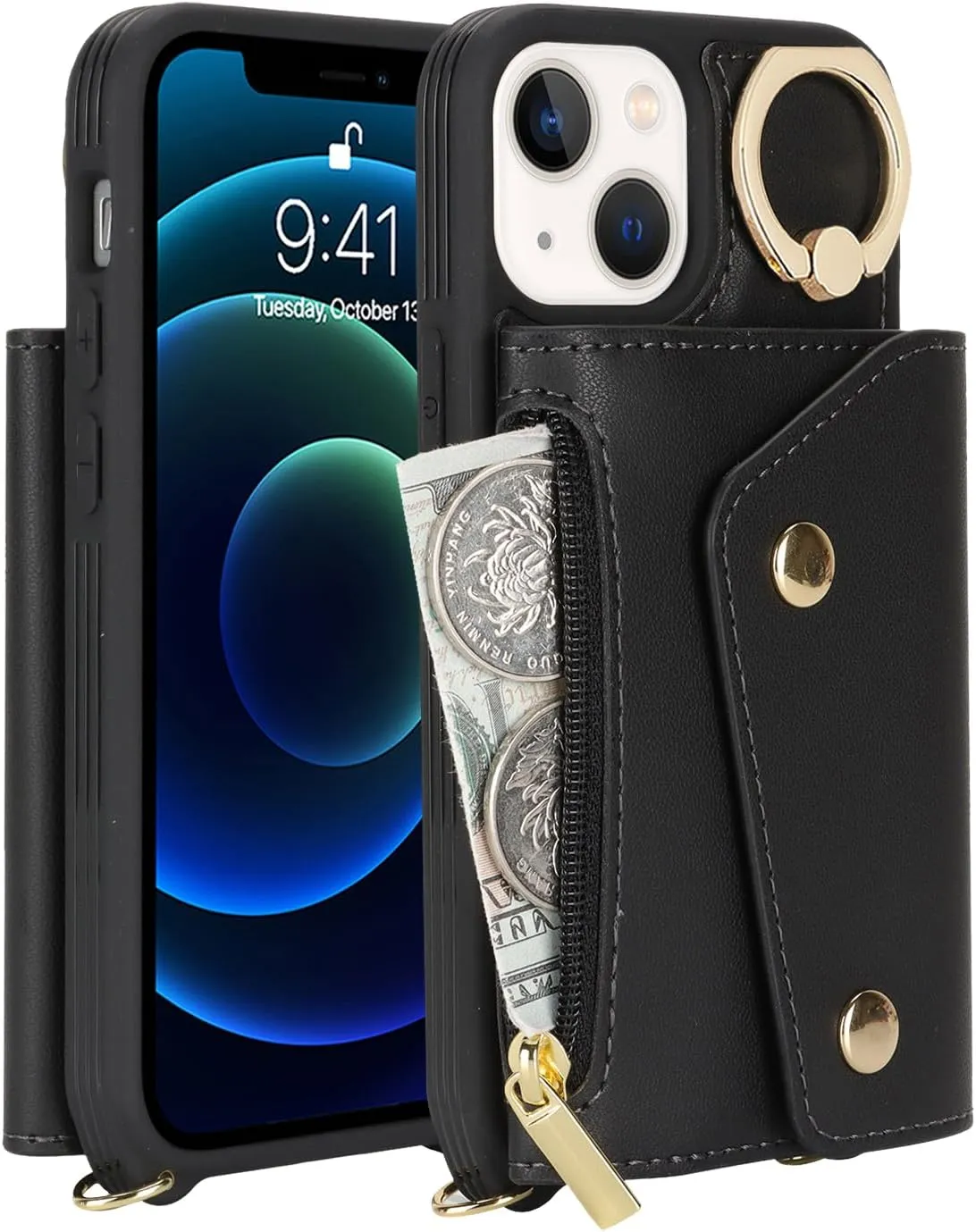 for iPhone 13 Mini Case with Card Holder and Strap - Zipper Pocket,Crossbody Lanyard Strap,Credit Card Holder,Stand Ring,Cute Phone Wallet Case for Women(Black,5.4 Inch)