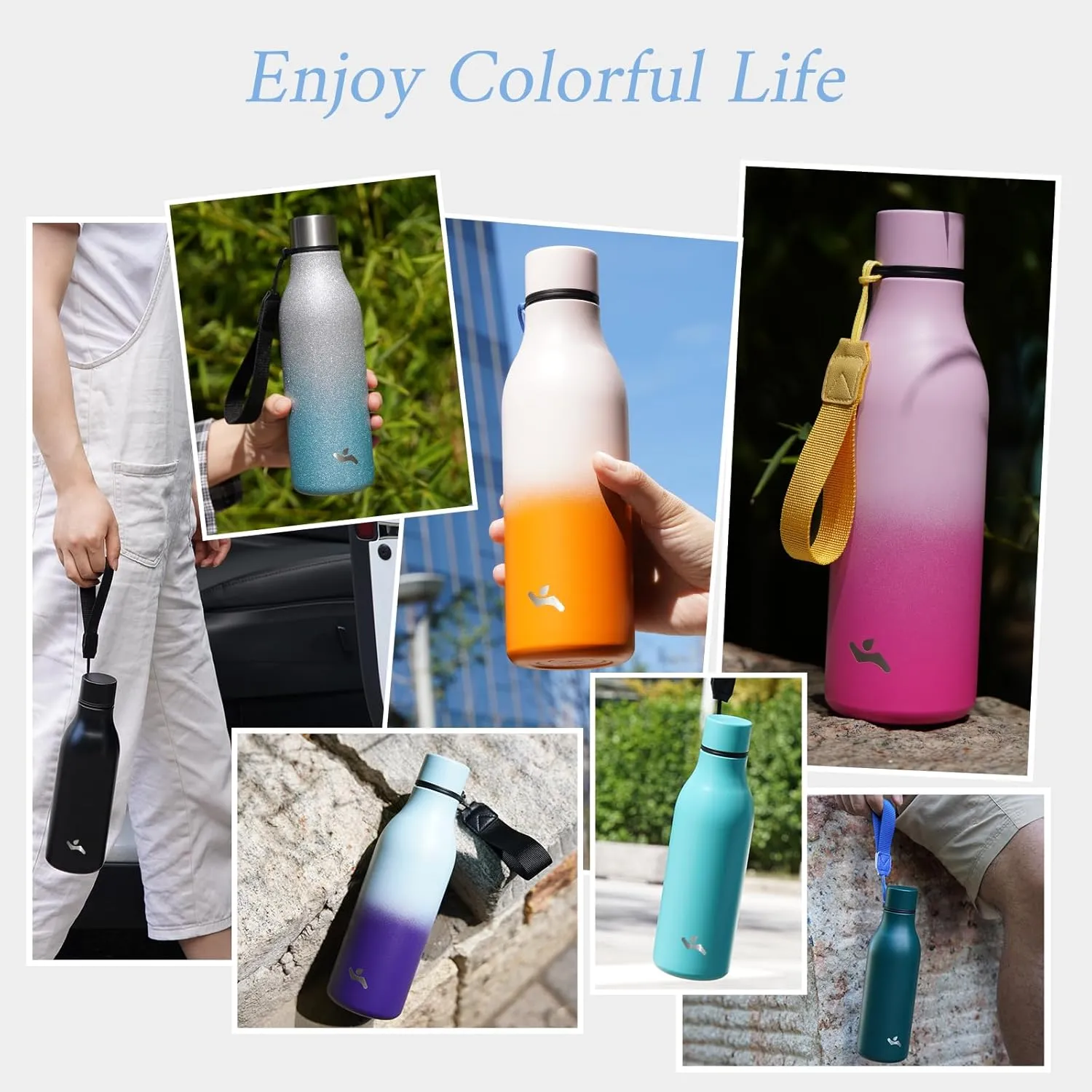 Insulated Water Bottle with Strap,18 oz Double Wall Stainless Steel Vacuum Bottles Metal Water Flask,Black