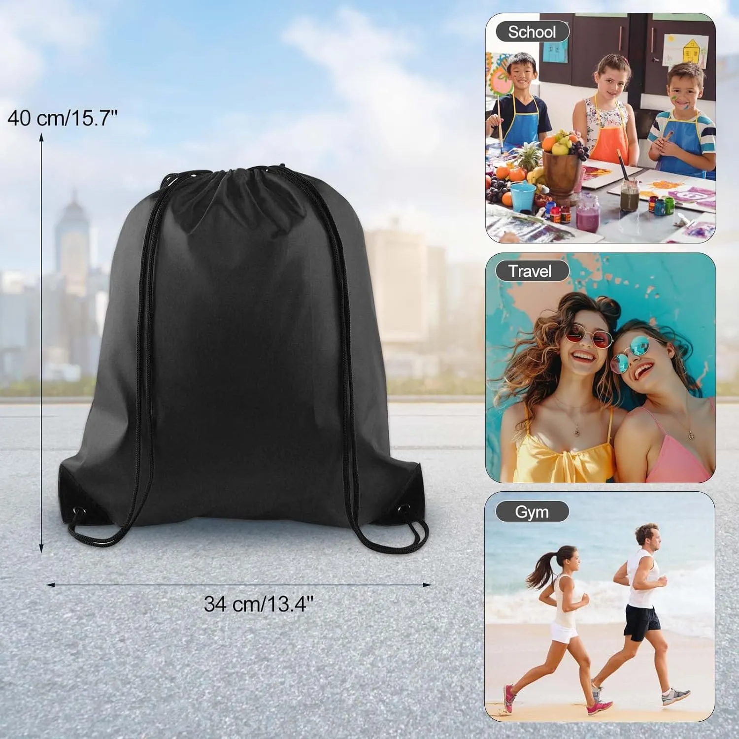 KUUQA 2 Pcs Drawstring Backpack Bags Sports Cinch Sack String Backpack Storage Bags for School Gym Traveling (Black)