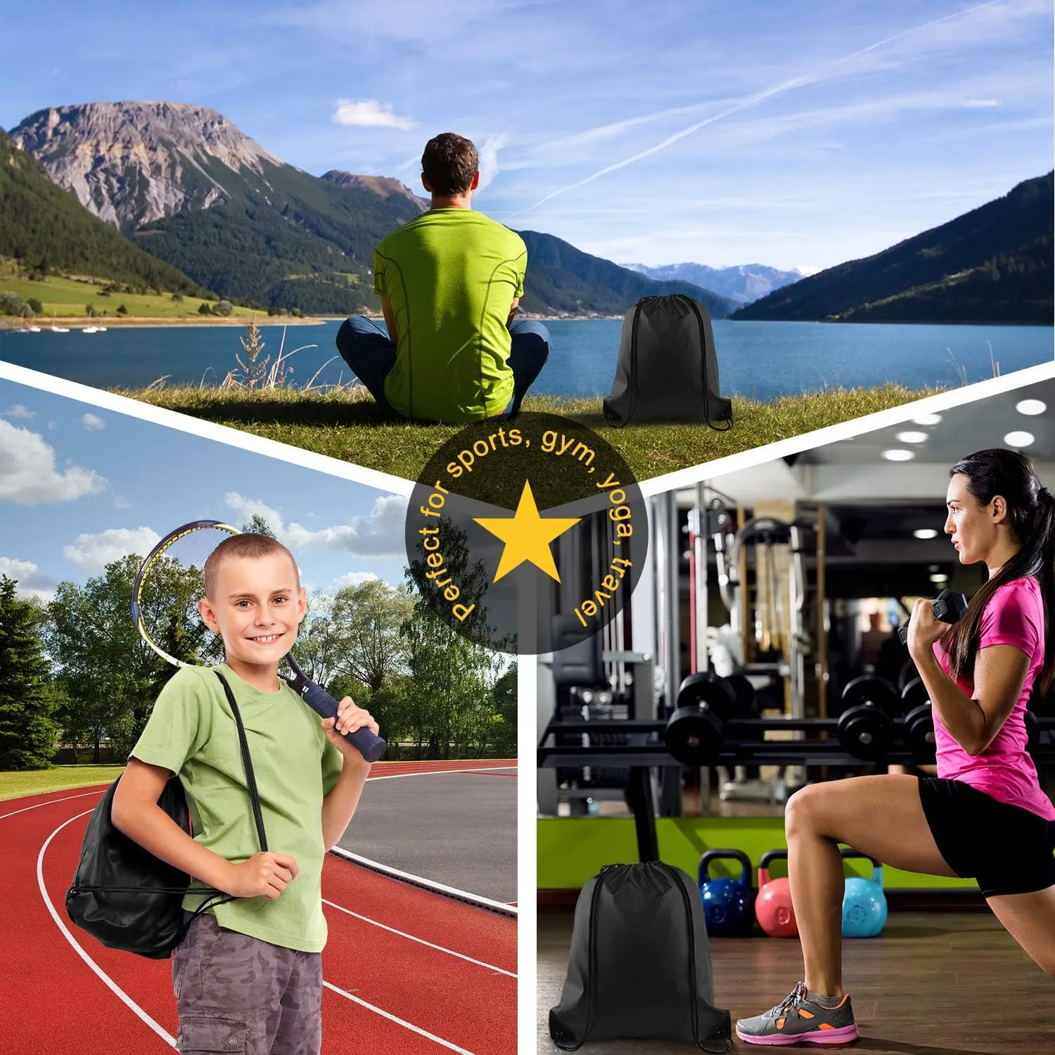 KUUQA 2 Pcs Drawstring Backpack Bags Sports Cinch Sack String Backpack Storage Bags for School Gym Traveling (Black)
