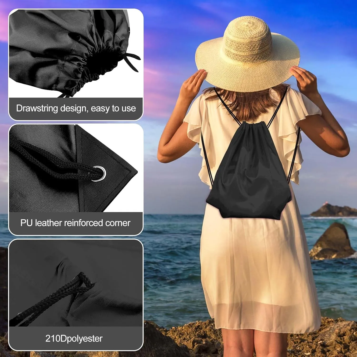 KUUQA 2 Pcs Drawstring Backpack Bags Sports Cinch Sack String Backpack Storage Bags for School Gym Traveling (Black)