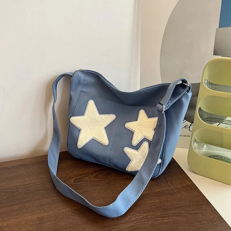 Large Capacity Crossbody Canvas Bag Japanese Style Korean Style Fashionable Pentagonal Star Shoulder Bag  New Fashionable Cloth Bag