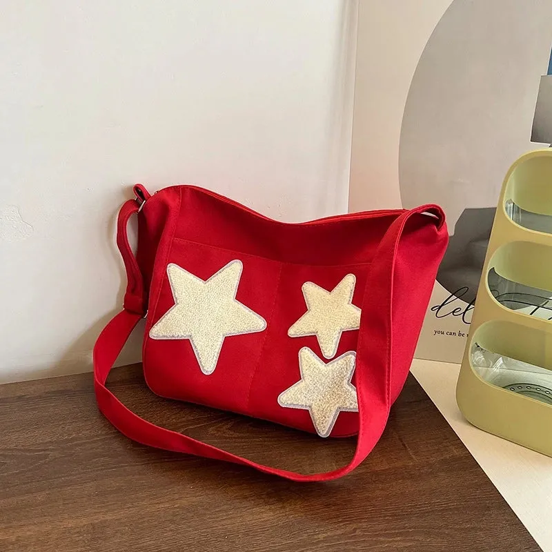 Large Capacity Crossbody Canvas Bag Japanese Style Korean Style Fashionable Pentagonal Star Shoulder Bag  New Fashionable Cloth Bag