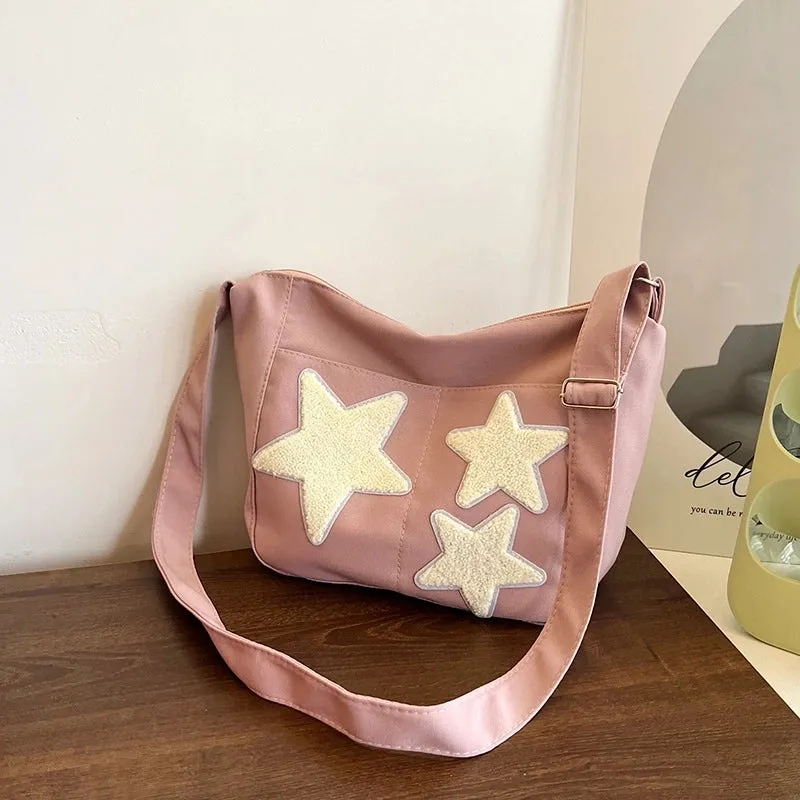 Large Capacity Crossbody Canvas Bag Japanese Style Korean Style Fashionable Pentagonal Star Shoulder Bag  New Fashionable Cloth Bag