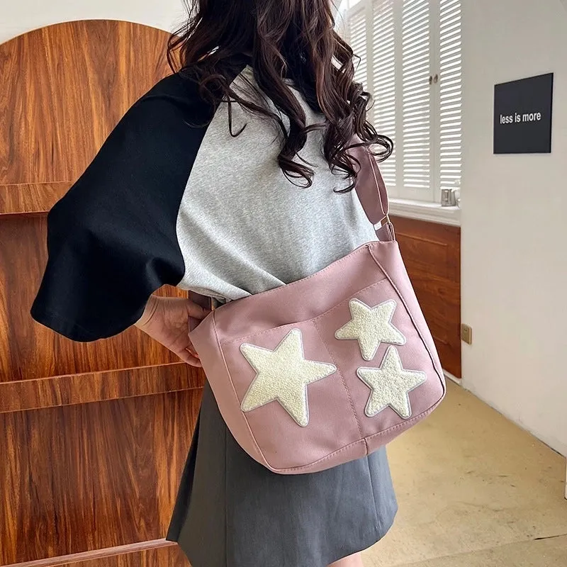 Large Capacity Crossbody Canvas Bag Japanese Style Korean Style Fashionable Pentagonal Star Shoulder Bag  New Fashionable Cloth Bag