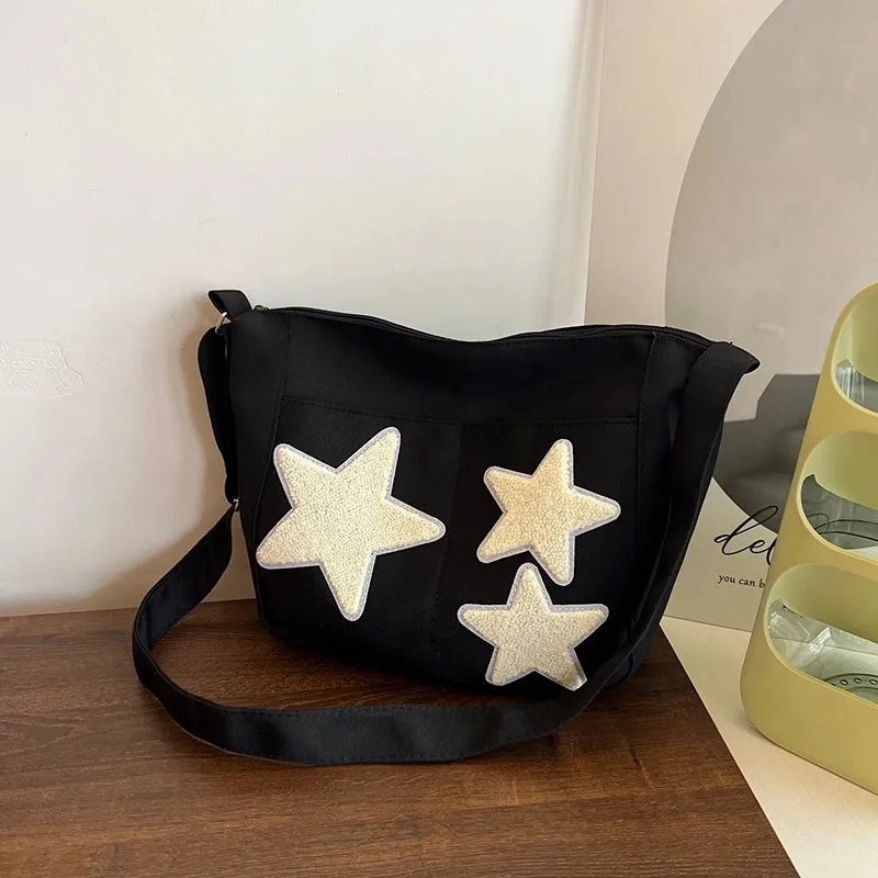 Large Capacity Crossbody Canvas Bag Japanese Style Korean Style Fashionable Pentagonal Star Shoulder Bag  New Fashionable Cloth Bag