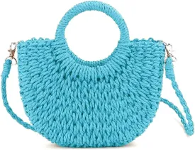 Mini Semi-circle Rattan Straw Bag, Hand-woven Women Summer Retro Beach Tote Shoulder Bag Crossbody Travel Beach Bag