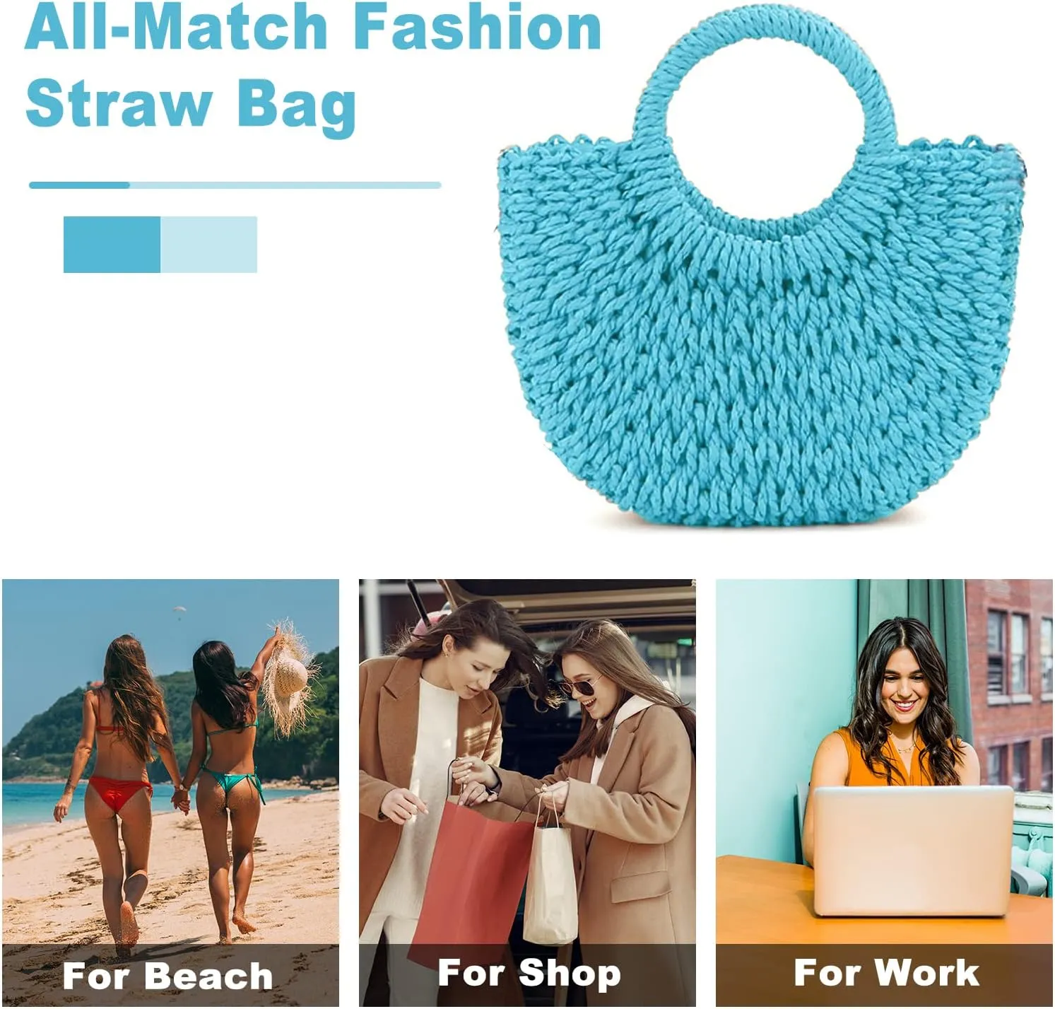 Mini Semi-circle Rattan Straw Bag, Hand-woven Women Summer Retro Beach Tote Shoulder Bag Crossbody Travel Beach Bag